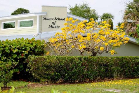 Stuart School of Music exterior with yellow tabebuia tree