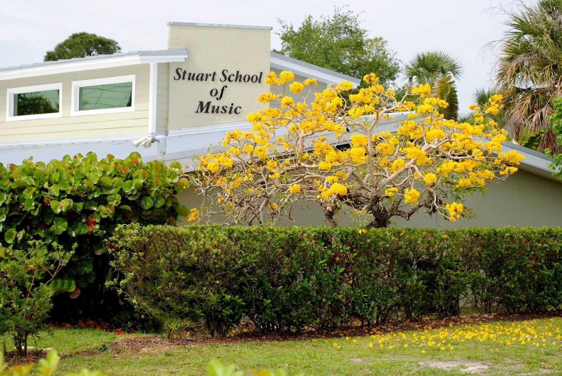 Stuart School of Music and yellow tabebuia tree